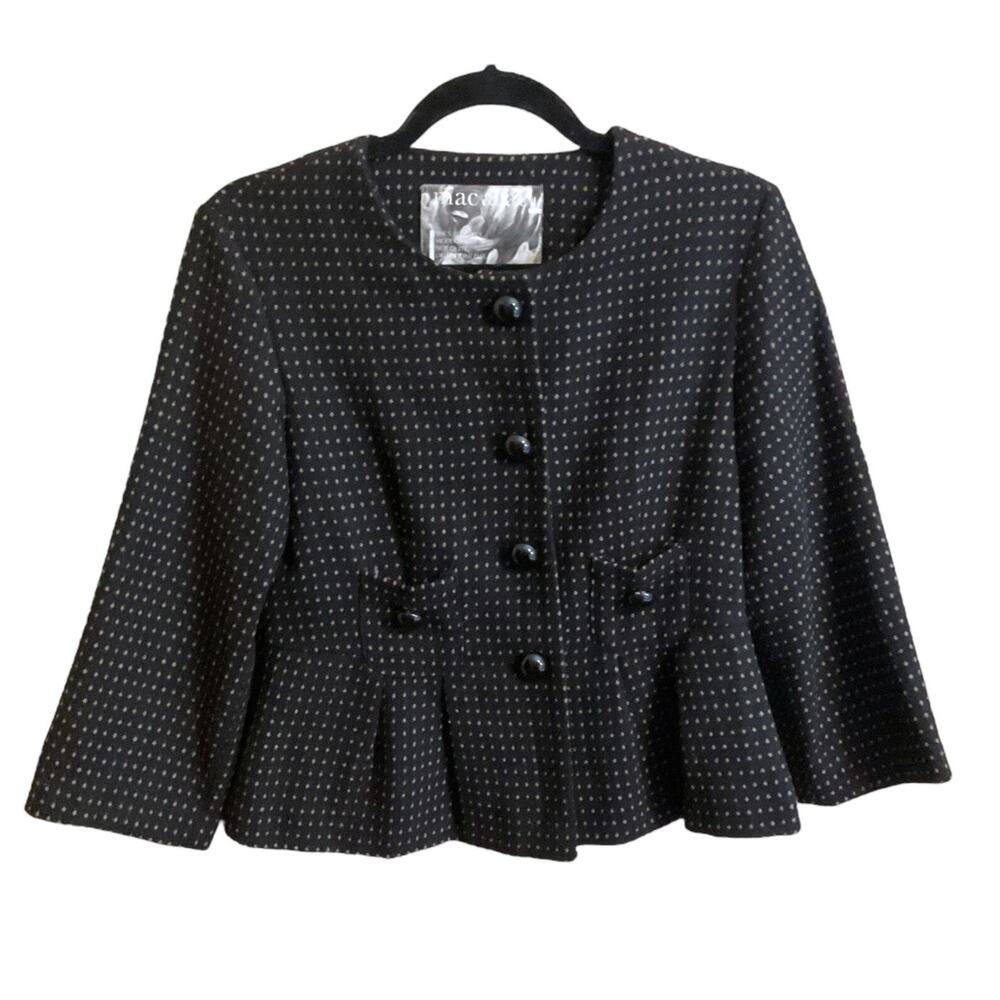 Mac & Jac Blazer Women's SZ S Black Tan Wool Blend Peplum Jacket 3/4‎ Sleeves